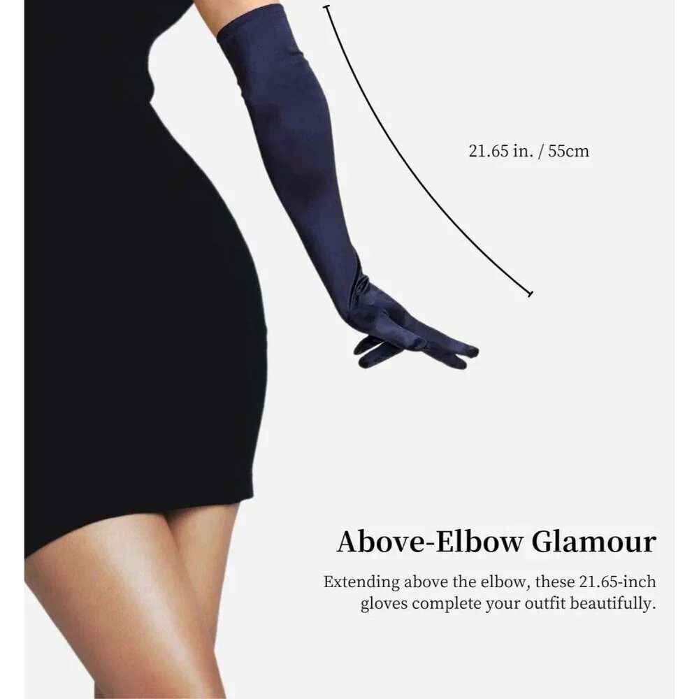 Women's Elbow Length Navy Blue Satin Gloves Costume Princess Party Accessories